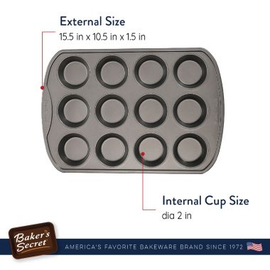 Baker's Secret 12Cup Muffin Pan, Thick Carbon Steel & Non-stick Coating, 15.5", Dark Gray Classic Line, Cupcake and Muffin Baking Essentials, Carbon Steel. View a larger version of this product image.