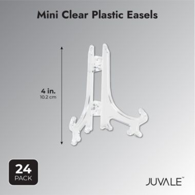 Juvale 24 Pack 4" Clear Plastic Easel Display Stands for Photos, Decorative Tiles, Wedding Place Cards. View a larger version of this product image.
