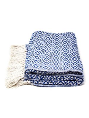 Global Crafts Recycled Cotton Decorative Throw Blanket with Tassels, Navy & White
