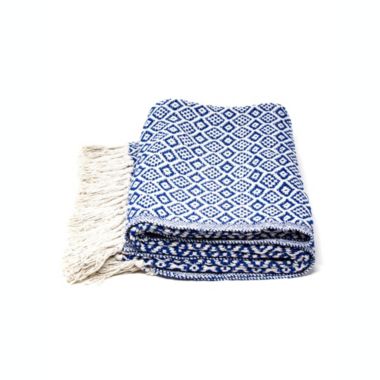 Global Crafts Recycled Cotton Decorative Throw Blanket with Tassels, Navy & White. View a larger version of this product image.