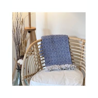 Global Crafts Recycled Cotton Decorative Throw Blanket with Tassels, Navy & White. View a larger version of this product image.