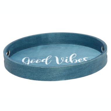 Elegant Designs Decorative 13.75" Round Wood Serving Tray with Handles, "Good Vibes". View a larger version of this product image.