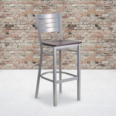 Flash Furniture HERCULES Series Silver Slat Back Metal Restaurant Barstool - Mahogany Wood Seat. View a larger version of this product image.