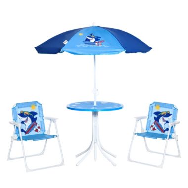 Outsunny Kids Picnic Table and Chair Set, Outdoor Folding Garden Furniture, for Patio Backyard, with Shark Pattern, Removable & Height Adjustable Sun Umbrella, Aged 3-6 Years Old, Blue. View a larger version of this product image.