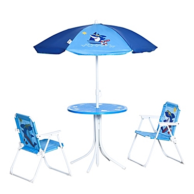 Outsunny Kids Picnic Table and Chair Set, Outdoor Folding Garden Furniture, for Patio Backyard, with Shark Pattern, Removable & Height Adjustable Sun Umbrella, Aged 3-6 Years Old, Blue. View a larger version of this product image.