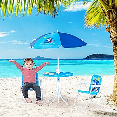 Outsunny Kids Picnic Table and Chair Set, Outdoor Folding Garden Furniture, for Patio Backyard, with Shark Pattern, Removable & Height Adjustable Sun Umbrella, Aged 3-6 Years Old, Blue. View a larger version of this product image.