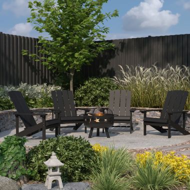 Merrick Lane Ayala 5 Piece Outdoor Leisure Set with Set of 4 Slate Gray Poly Resin Adirondack Chairs and Star and Moon Iron Fire Pit. View a larger version of this product image.