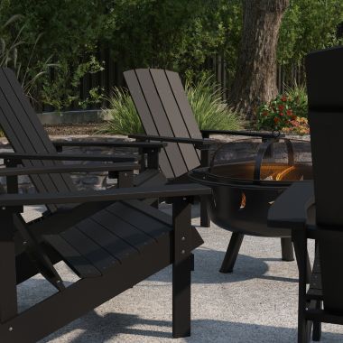 Merrick Lane Ayala 5 Piece Outdoor Leisure Set with Set of 4 Slate Gray Poly Resin Adirondack Chairs and Star and Moon Iron Fire Pit. View a larger version of this product image.