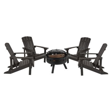 Merrick Lane Ayala 5 Piece Outdoor Leisure Set with Set of 4 Slate Gray Poly Resin Adirondack Chairs and Star and Moon Iron Fire Pit. View a larger version of this product image.