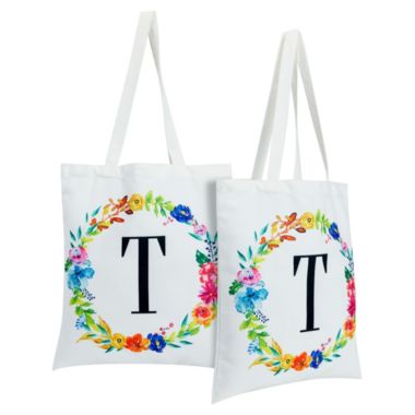 Okuna Outpost Set of 2 Reusable Monogram Letter T Personalized Canvas Tote Bags for Women, Floral Design (29 Inches). View a larger version of this product image.