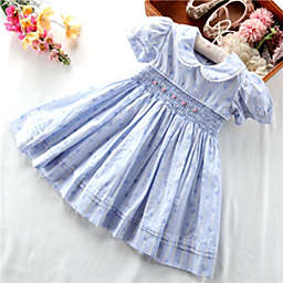 Laurenza's Girls Blue Floral Smocked Dress with Embroidery