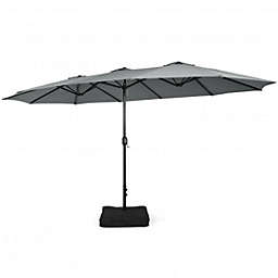 Costway 15 Feet Double-Sided Twin Patio Umbrella with Crank and Base Coffee in Outdoor Market-Gray