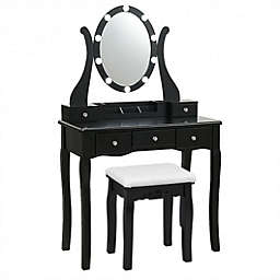Costway 10 Dimmable Lights Vanity Table Set with Lighted Mirror and Cushioned Stool-Black