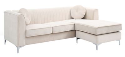 Passion Furniture Delray 87 in. Ivory Velvet L-Shape 3-Seater Sectional Sofa with 2-Throw Pillow