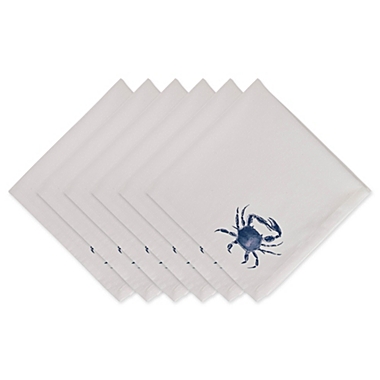 Contemporary Home Living Set of 6 20" x 20" Blue and White Crab Printed Tonal Fringe Napkins. View a larger version of this product image.