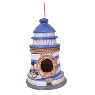 Santa's Workshop Outdoor Decorative 8.5" Resin Blue & White Lighthouse Bird House. View a larger version of this product image.