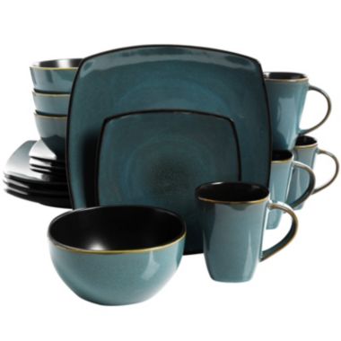 Gibson Soho Lounge 16-Piece Soft Square Dinnerware Set in Teal Green. View a larger version of this product image.