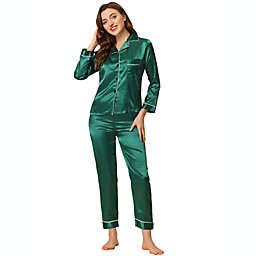 Allegra K Women's Sleepwear Pajama Satin Button Down Smooth 2 Pieces Lounge Long Sleeves Notch Collar Pocket Elastic Waist Pajama Set X-Large Green