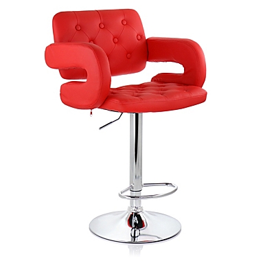 Elama Faux Leather Tufted Bar Stool in Red with Chrome Base and Adjustable Height. View a larger version of this product image.