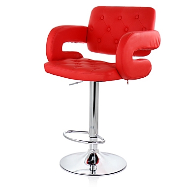Elama Faux Leather Tufted Bar Stool in Red with Chrome Base and Adjustable Height. View a larger version of this product image.