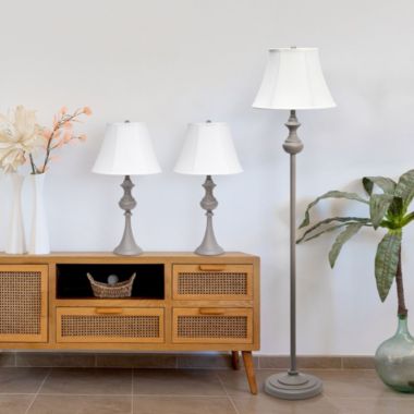 Lalia Home Perennial Traditional Valletta 3 Piece Metal Lamp Set (2 Table Lamps, 1 Floor Lamp) For Living Room, Bedroom, Home Decor With White Empire Fabric Shades And Gray Finish. View a larger version of this product image.