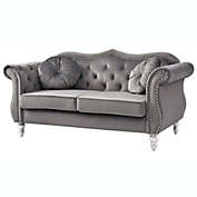 Passion Furniture Hollywood 68 in. Dark Gray Velvet Chesterfield Loveseat with 2-Throw Pillow