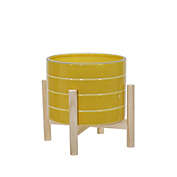 Kingston Living 9" Yellow and Brown Ceramic Striped Planter with Wood Stand