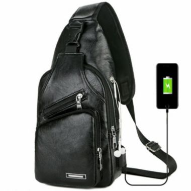 Stock Preferred Leather Sling Chest Bag with USB Charge Cable Black. View a larger version of this product image.