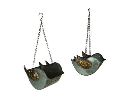 Zeckos Set of 2 Galvanized Finish Embossed Hanging Metal Bird Planters Outdoor Décor