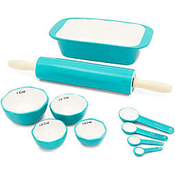 Farmlyn Creek Teal Ceramic Bakeware Set, Loaf Pan, Rolling Pin, Spoons and Cups (10 Pieces)