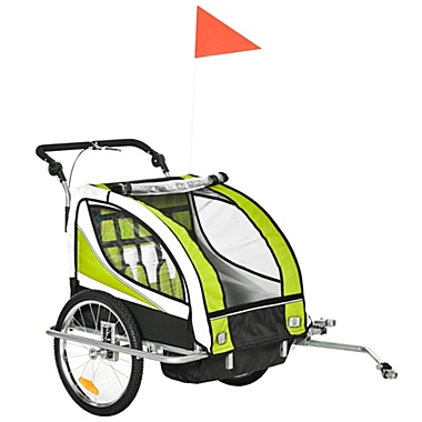 Aosom 2-in-1 Folding Child Bike Trailer & Baby Stroller with Safety Flag, Light Reflectors, & 5 Point Harness, Green. View a larger version of this product image.