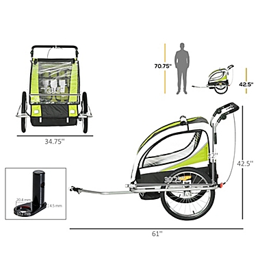 Aosom 2-in-1 Folding Child Bike Trailer & Baby Stroller with Safety Flag, Light Reflectors, & 5 Point Harness, Green. View a larger version of this product image.
