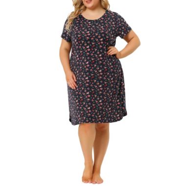 Agnes Orinda Women's Plus Pattern Nightgown for Women, Stretch Pattern Short Sleeve Round Neck Sleep Dress Sleepwear Sleepshirts Nightdress Regular Fit Gown Dress, Navy Blue, 4X. View a larger version of this product image.