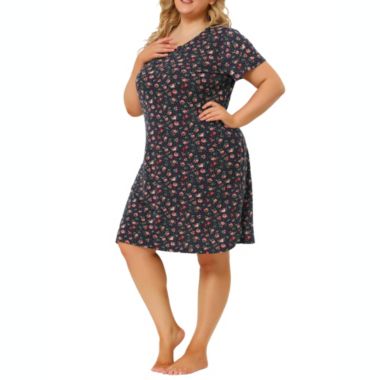 Agnes Orinda Women's Plus Pattern Nightgown for Women, Stretch Pattern Short Sleeve Round Neck Sleep Dress Sleepwear Sleepshirts Nightdress Regular Fit Gown Dress, Navy Blue, 4X. View a larger version of this product image.