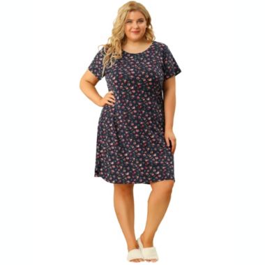 Agnes Orinda Women's Plus Pattern Nightgown for Women, Stretch Pattern Short Sleeve Round Neck Sleep Dress Sleepwear Sleepshirts Nightdress Regular Fit Gown Dress, Navy Blue, 4X. View a larger version of this product image.