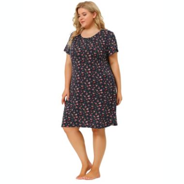 Agnes Orinda Women's Plus Pattern Nightgown for Women, Stretch Pattern Short Sleeve Round Neck Sleep Dress Sleepwear Sleepshirts Nightdress Regular Fit Gown Dress, Navy Blue, 4X. View a larger version of this product image.