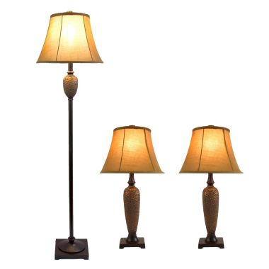 Lalia Home Homely Traditional Valdivian 3 Piece Metal Lamp Set (2 Table Lamps, 1 Floor Lamp) with Light Brown Empire Fabric Shades and Hammered Bronze Finish. View a larger version of this product image.