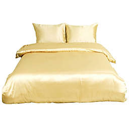 PiccoCasa Solid Duvet Cover Set with 2 Pillow Shams, Soft Polyester Silky Satin Bedding 3-Piece Set, Solid Color Satiny Comforter Cover Set with Zipper Closure & Corner Ties Queen Gold Tone
