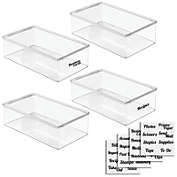 mDesign Plastic Stackable Long Storage Bin - Lid, Pack of 4 + 32 Labels - Clear