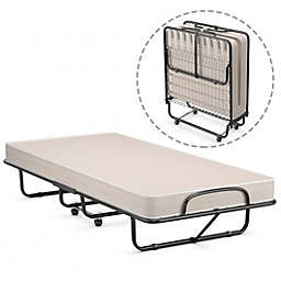 Costway Rollaway Guest Bed with Sturdy Steel Frame and Wheels-Beige