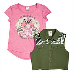 Belle Du Jour Big Girls 2 Pc. Trucker Vest & Tiger Print T-Shirt Set Green Size Large
