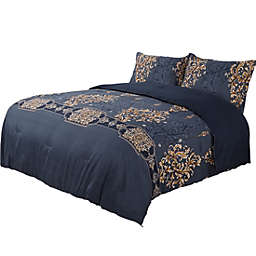 PiccoCasa 3Pcs Luxury Cal King Comforter And Sham Set Polyester, Dark Blue Floral