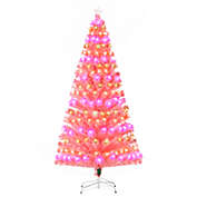 HOMCOM 7ft Tall Fir Artificial Christmas Tree with Realistic Branches, 280 Multi-Color Fiber Optic LED Lights and 280 Tips, Pink