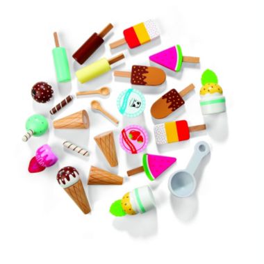 Swan Ice Cream Truck Wooden Playset, 20 Fun Toy Pieces Including Freezer, Steering Wheel, Sink & Sticker Sheet for Kids Name, Includes Popsicles, Cones, Scooper & More, Play Stand for Outdoor Summer Fun. View a larger version of this product image.