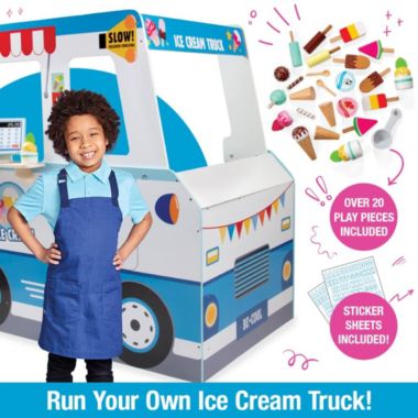 Swan Ice Cream Truck Wooden Playset, 20 Fun Toy Pieces Including Freezer, Steering Wheel, Sink & Sticker Sheet for Kids Name, Includes Popsicles, Cones, Scooper & More, Play Stand for Outdoor Summer Fun. View a larger version of this product image.