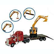 BIG DADDY - City Workers & Construction BIG RIG Semi-Trucks Toy Series - Low Boy Flat Bed Big Rig Carrier Transport Vehicle & Excavator with 3 Interchangeable Functions