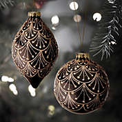 Contemporary Home Living Set of 6 Gold and Black Art Decor Drape Glass Ball with Finial Christmas Ornaments 4.5"