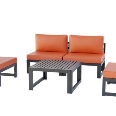 LeisureMod Chelsea 5-Piece Middle Patio Chairs and Coffee Table Set Black Aluminum With Cushions - Orange