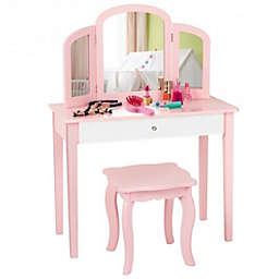 Costway Kids Princess Make Up Dressing Table with Tri-folding Mirror and Chair-Pink