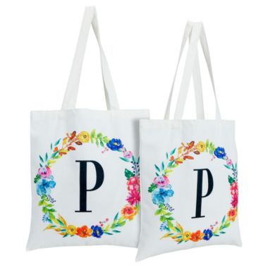 Okuna Outpost Set of 2 Reusable Monogram Letter P Personalized Canvas Tote Bags for Women, Floral Design (29 Inches). View a larger version of this product image.